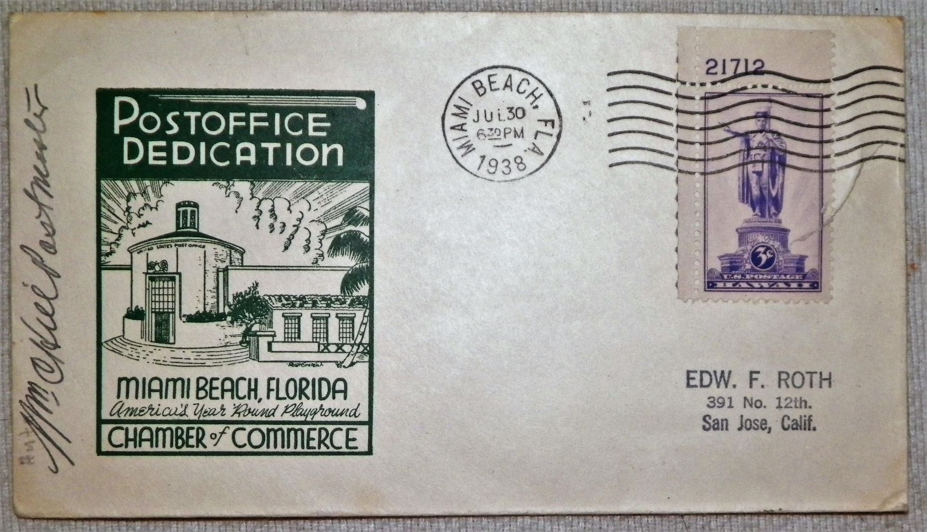 RARE OR VALUABLE? 1948 MIAMI BEACH POST OFFICE DEDICATION STAMPED