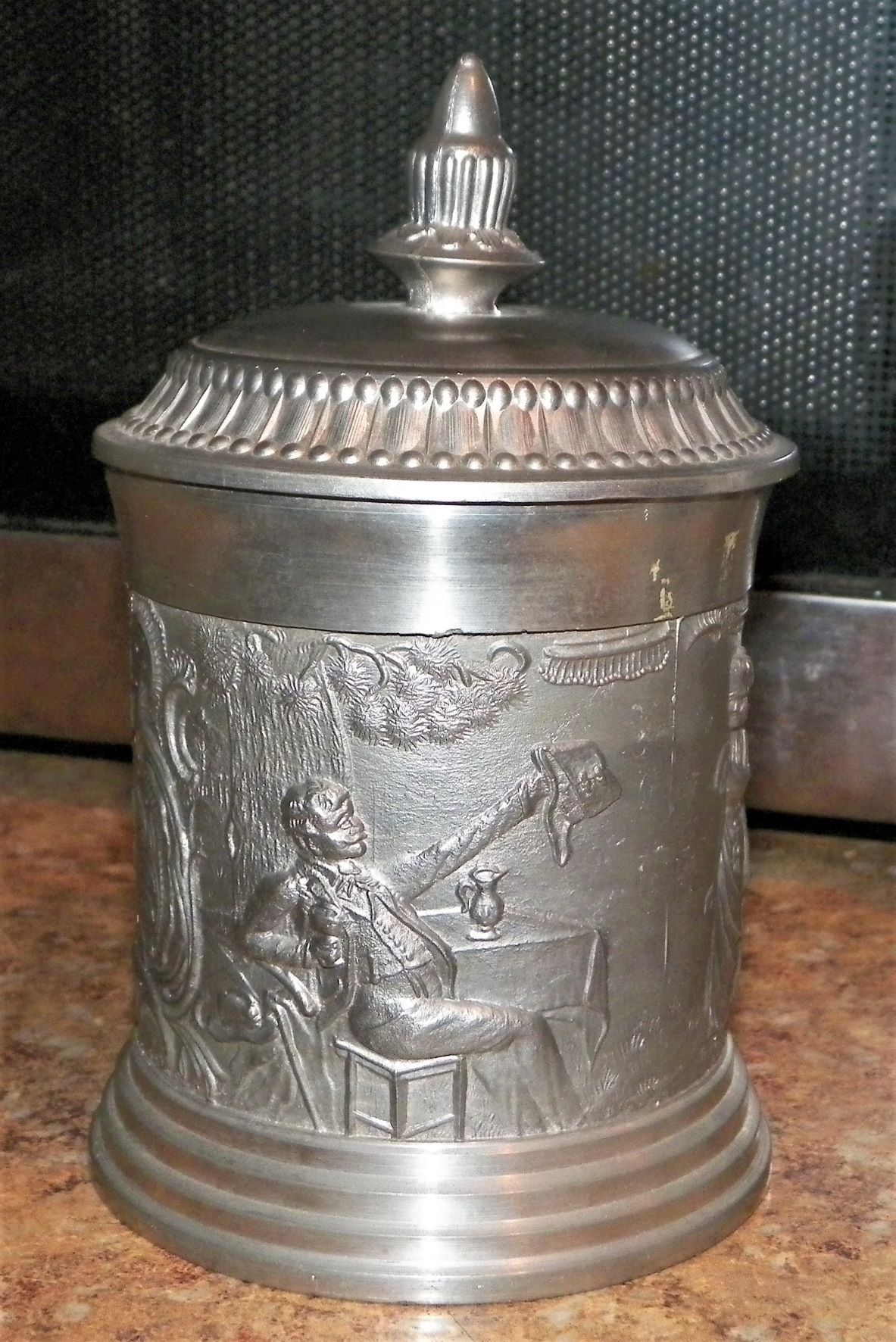 COLLECTIBLE TOBACCO JAR ALUMINUM GERMAN WRITING 1AA.JPG