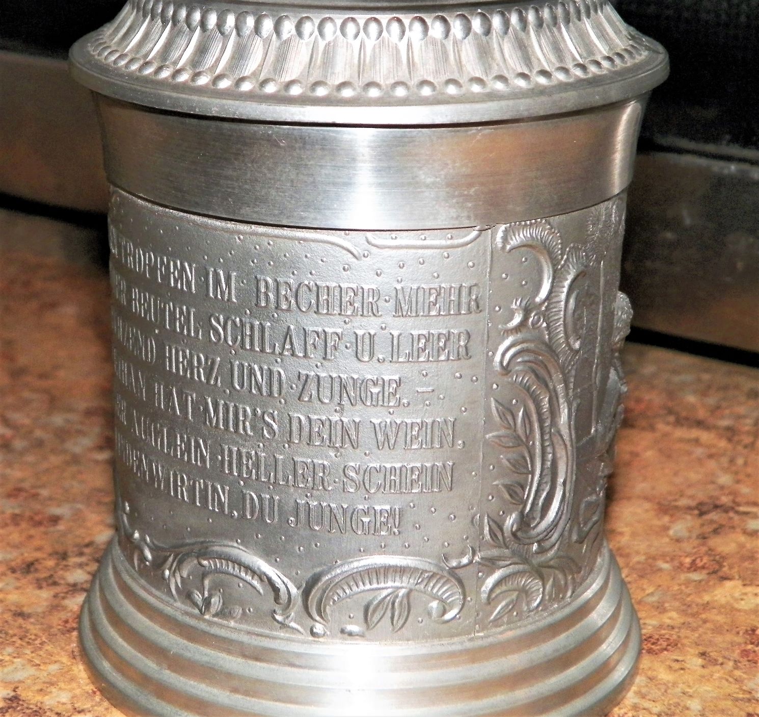 COLLECTIBLE TOBACCO JAR ALUMINUM GERMAN WRITING 2AAA.JPG