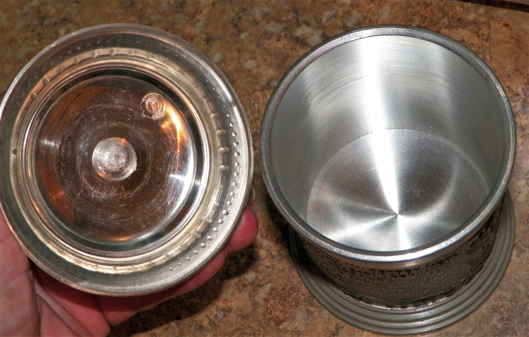 COLLECTIBLE TOBACCO JAR ALUMINUM GERMAN WRITING 3AA.JPG