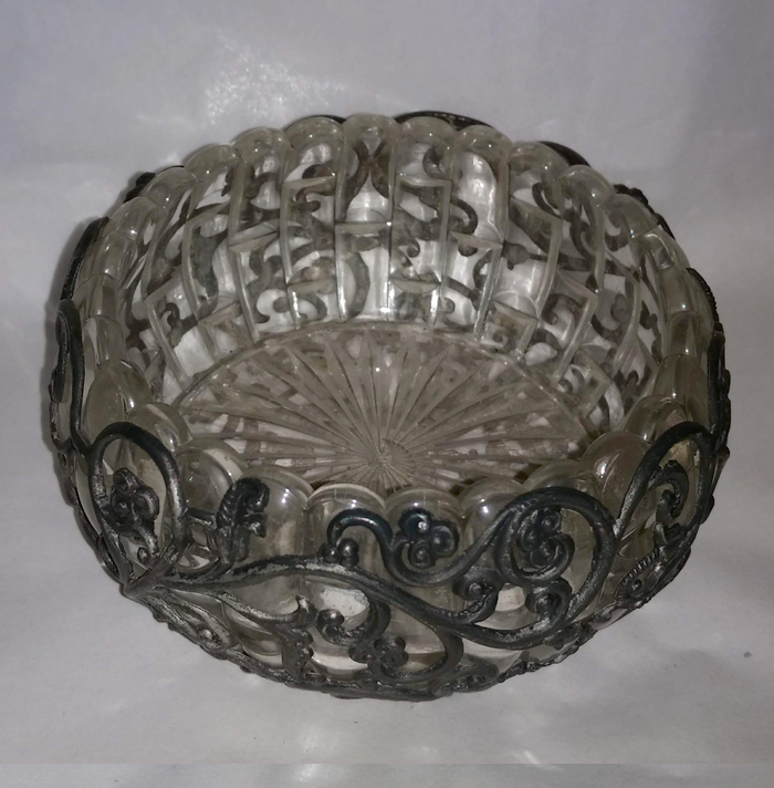 Covered glass bowl with metal filigree Antiques Board