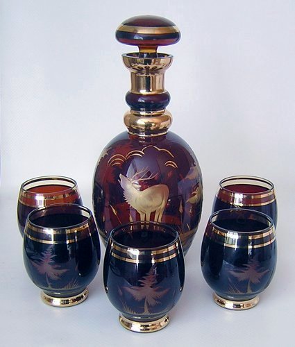Decanter Set Bohemian Glass Stag Red Cut To Amber-a.jpg
