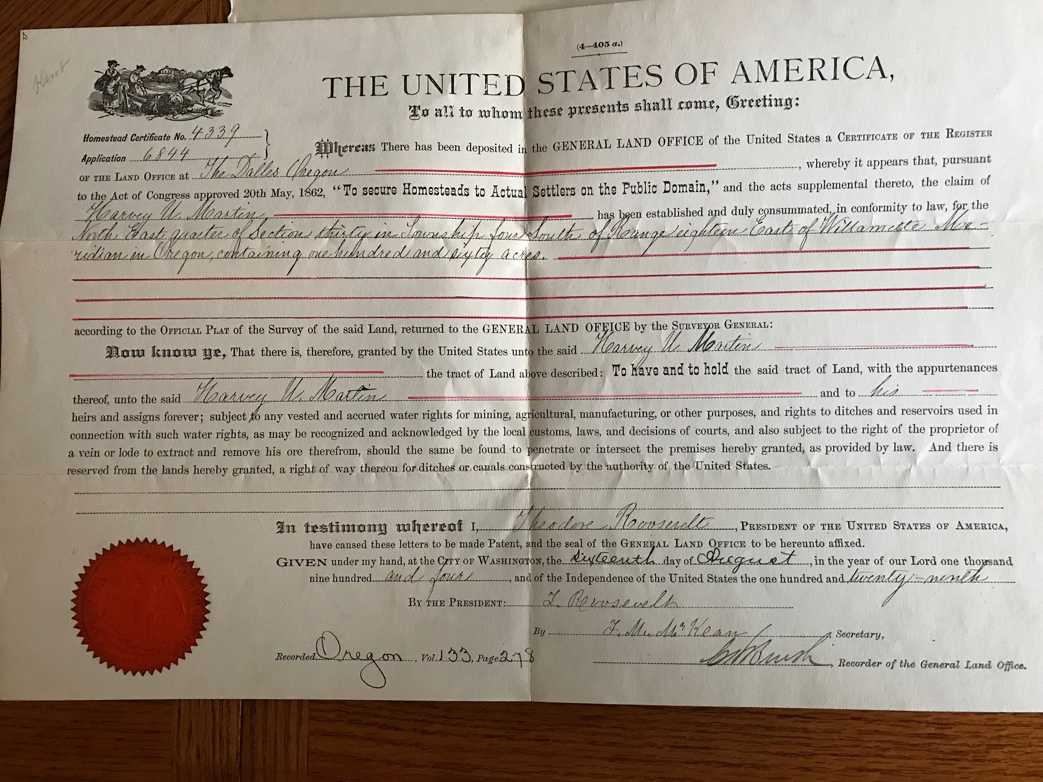 Land deeds signed by Theodore Roosevelt Antiques Board