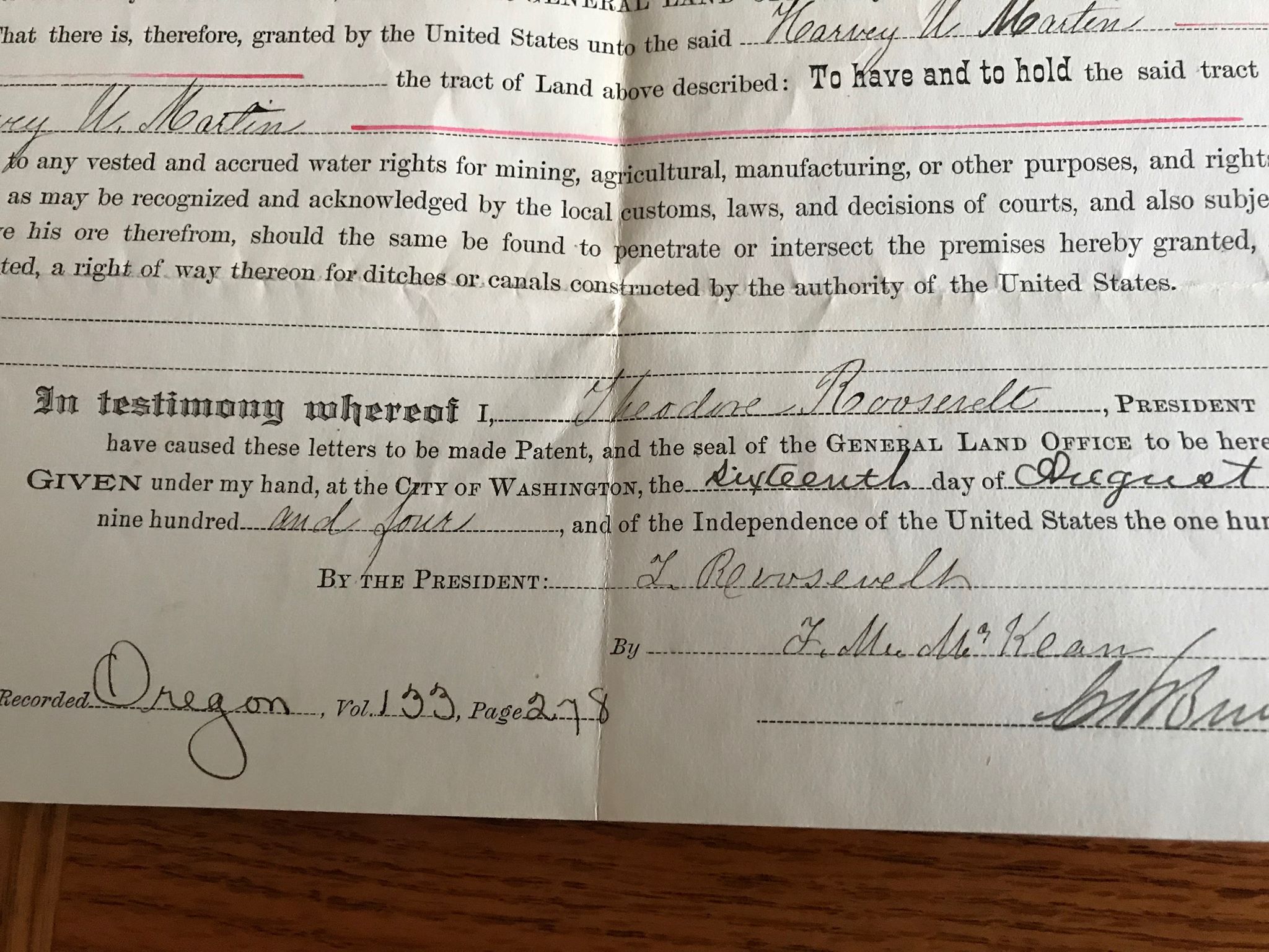Land deeds signed by Theodore Roosevelt Antiques Board