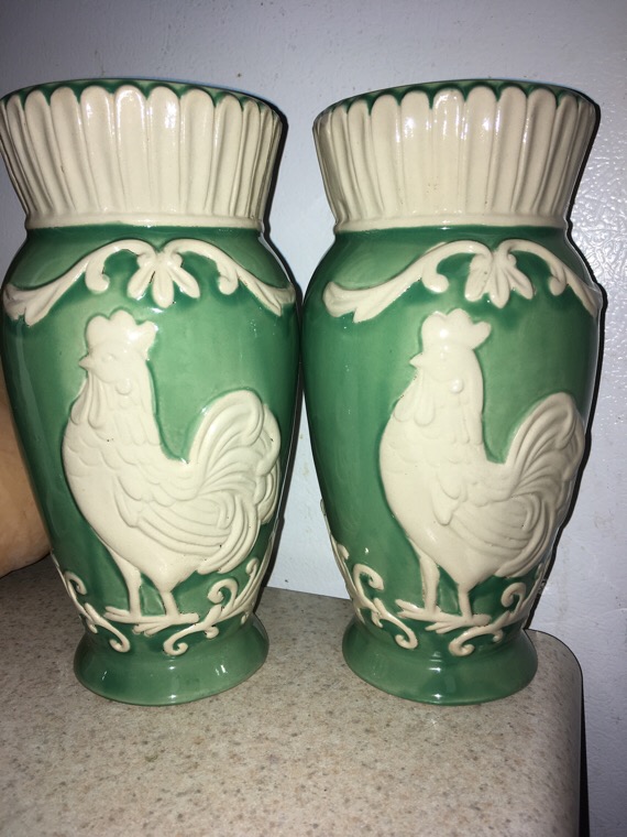 Pair Pottery Vases With Roosters Antiques Board