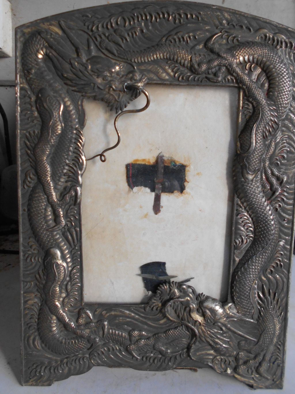 Chinese white metal picture frame with dragons Antiques Board