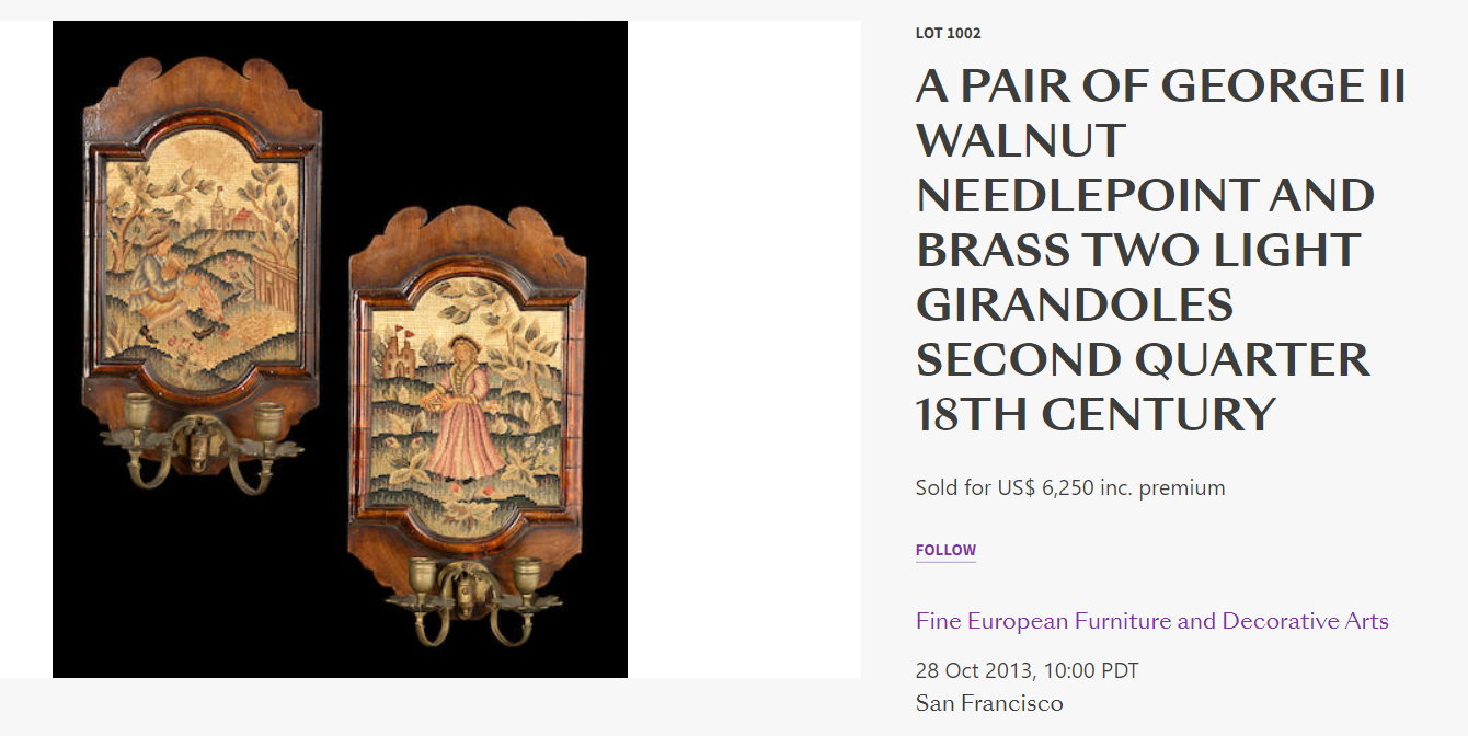 George II Walnut Needlepoint and Brass Two Light Girandoles (Bonhams).png
