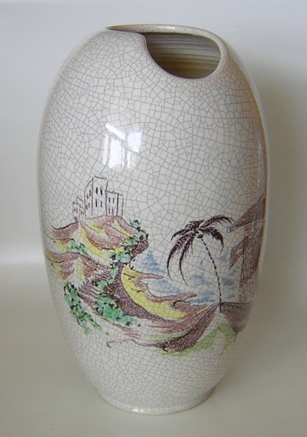 German Silberdistel Art Pottery MCM Vase Crackle Craquelee Fayance Landscape Decor-a.jpg