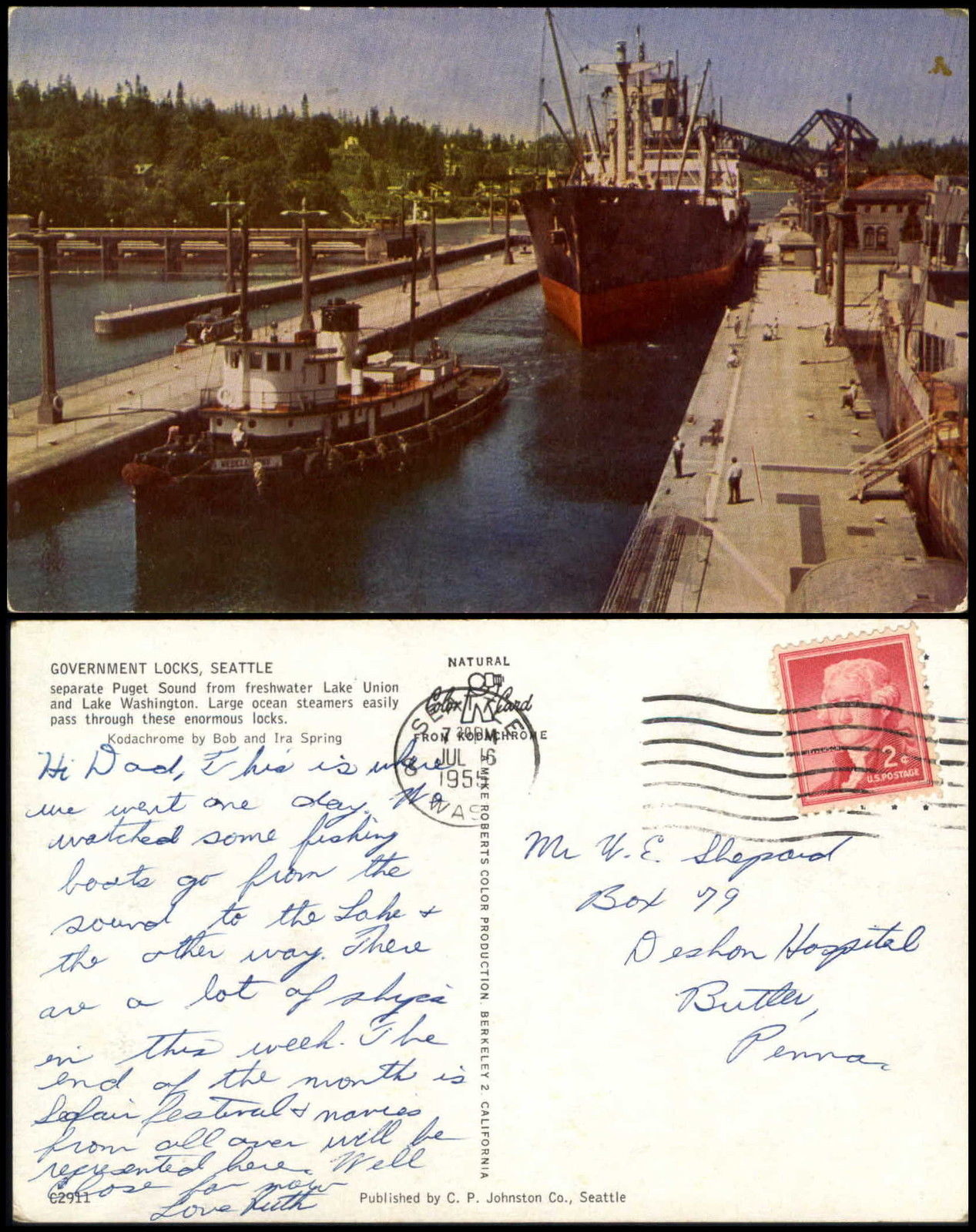 Government locks Seattle Washington WA tug boat steamer ship 1955.jpg
