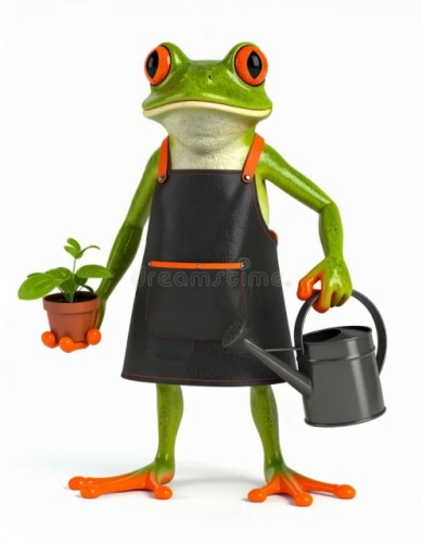 green-tree-frog-black-apron-holding-plant-pot-watering-can-white-400338046.jpg