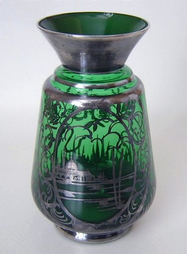 Green Venetian Glass Vase Silver Overlay St Marks Flowers Ribbons-a.jpg