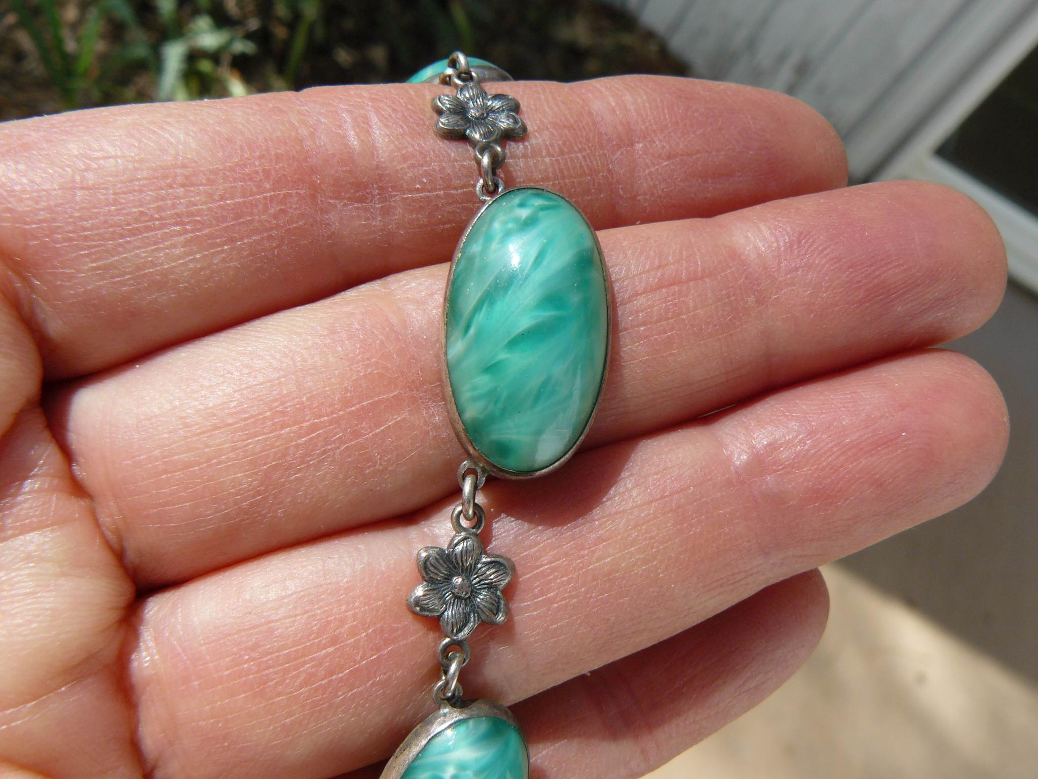 Older sterling necklace. Glass? Stone? Antiques Board