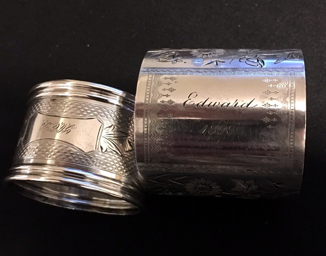 Sterling Silver Napkin Holders, one from 1898 Antiques Board