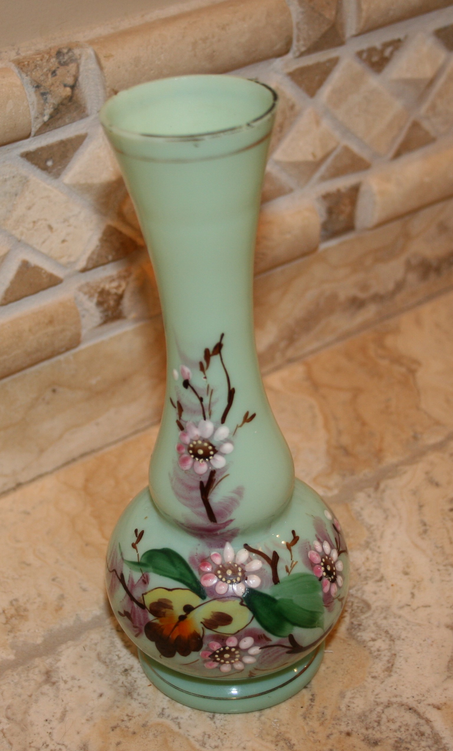 Green Opaline Vase with HandPainted Flowers Antiques Board