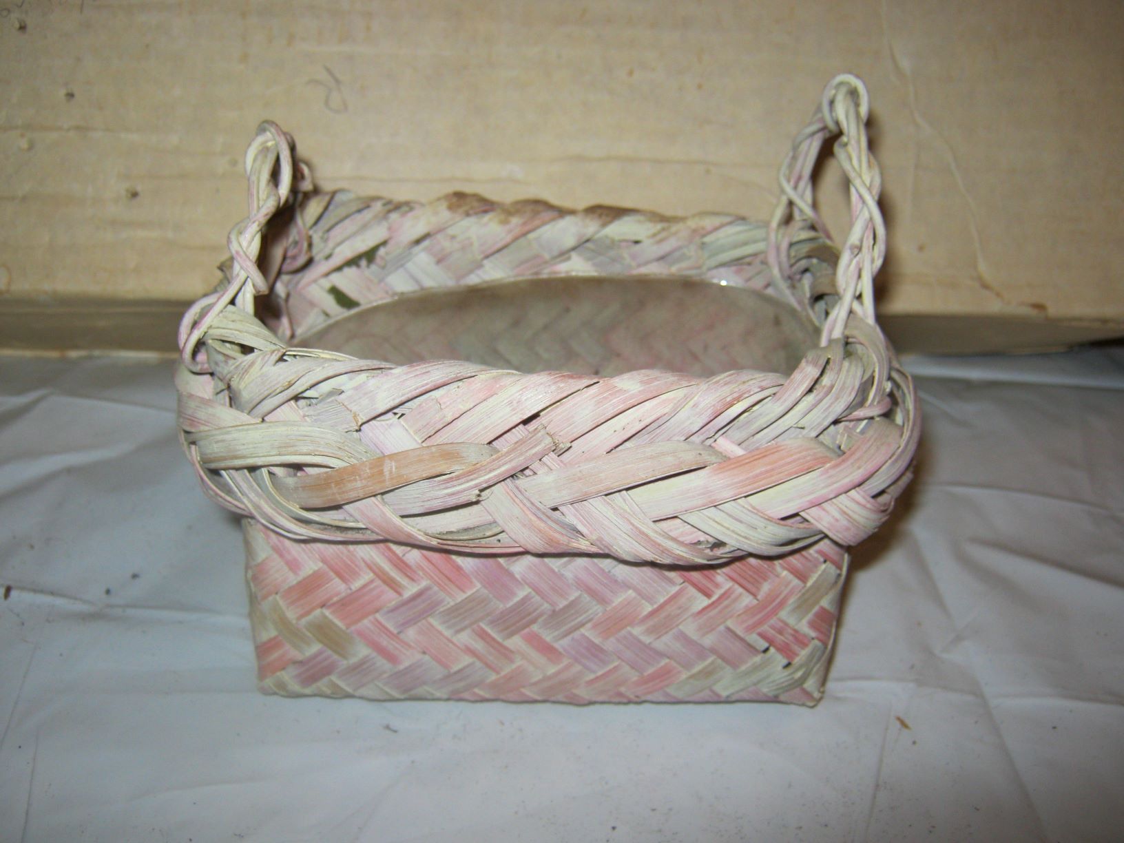 small pink and white wicker flower basket 13a Antiques Board