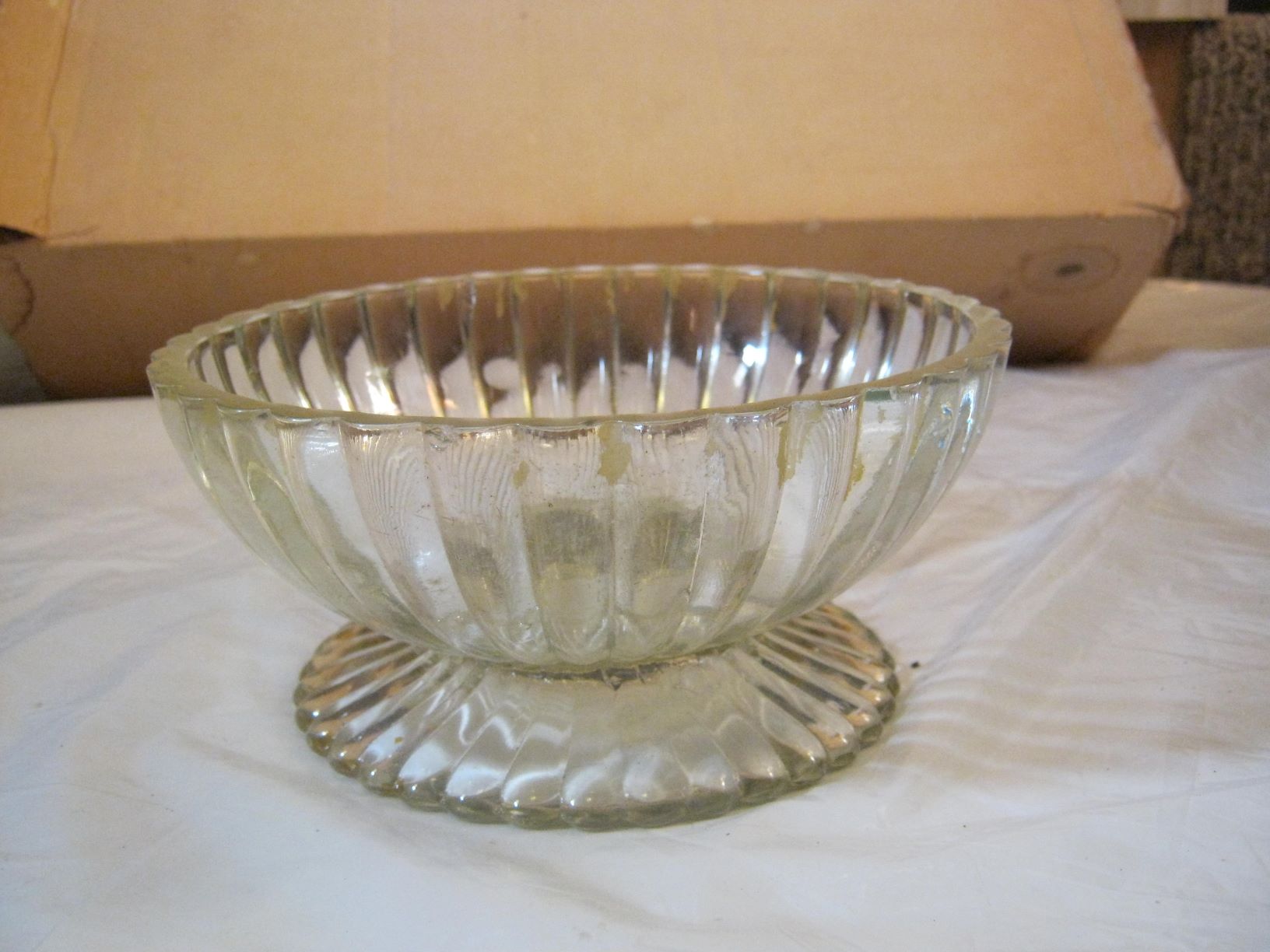 Covered clear glass ribbed candy bowl Antiques Board