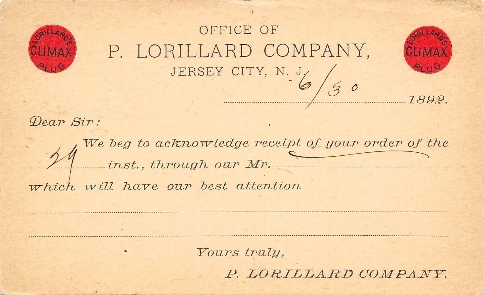 Jersey City~Lorillard Co Ad~Climax Plug~1892 Postal~Bishop & Bidwell~Norwich CT.jpg