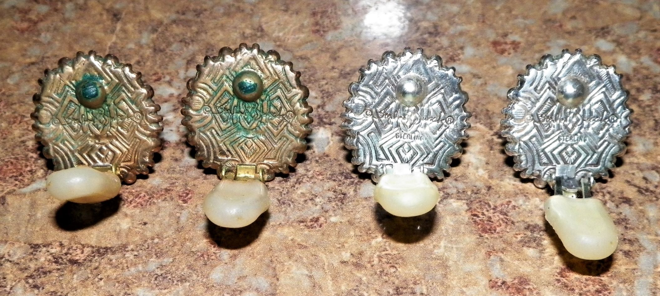 JEWELRY EARRINGS 2 PAIR BLUE & GREEN ROUND STERLING 2A_A.JPG