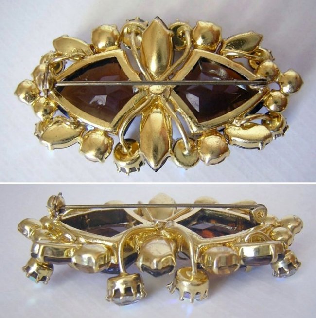 Jewelry Pin Brooch Earring Set Shield Rhinestones Champagne Rootbeer -c.jpg