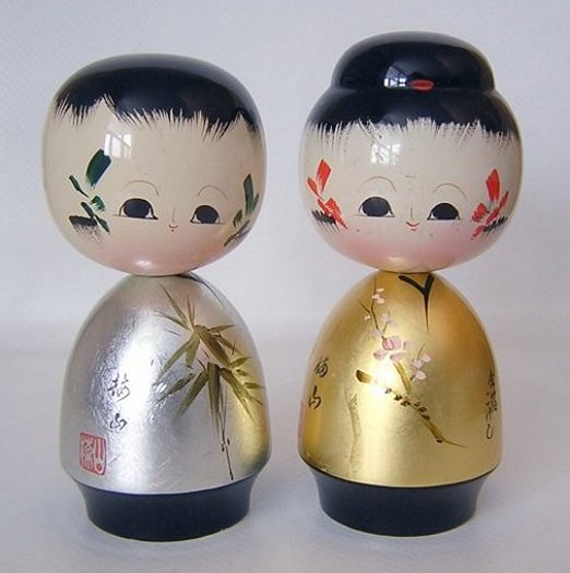 Kokeshi Wooden Japanese Doll Pair Gold Silver Foil Man Woman-a.jpg
