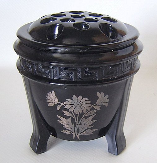 LE Smith Black Glass Greek Key Silver Overlay Art Deco Planter Frog-a.jpg