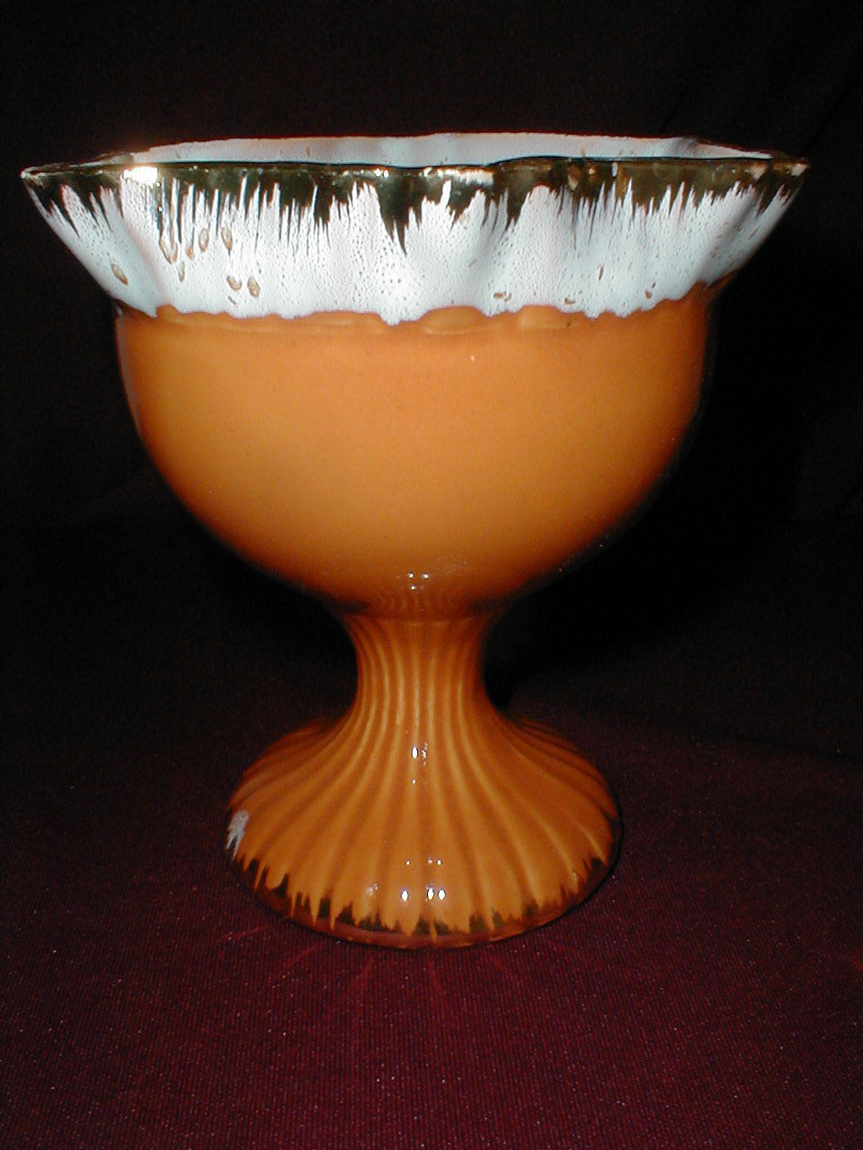orange pottery drip glaze compote  usa white foam planter also green maybe american bisque hull.jpg