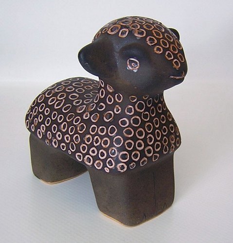 Polish MCM Mid Century Art Pottery Brown Incised Lamb Sheep Figurine-a.jpg