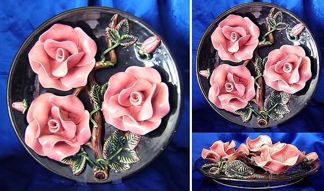 Pottery Plate Platter Large Molded Flowers Barbotine Faience Rose-a.jpg