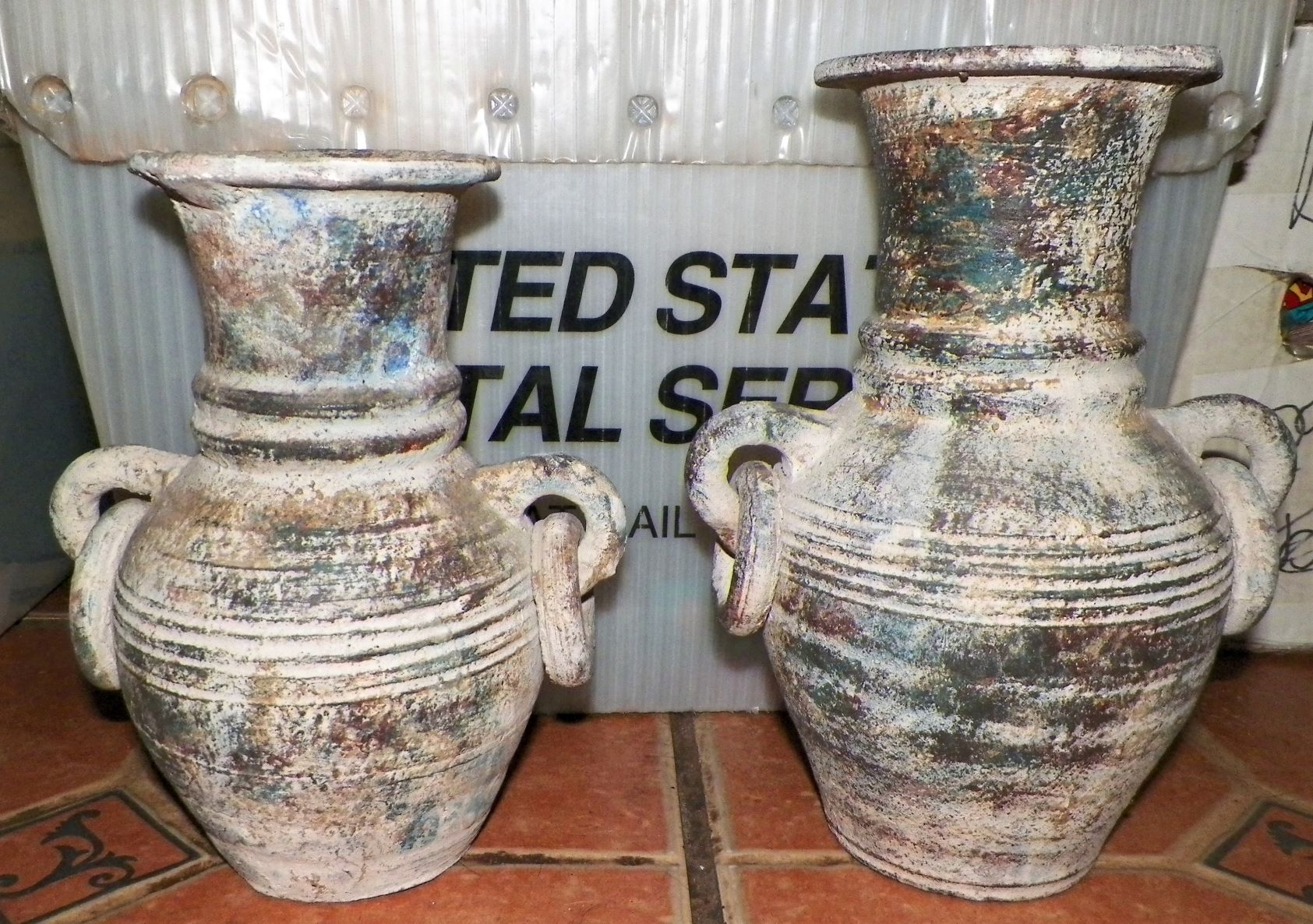 POTTERY VASE TERRA COTTA OLD PAIR 1AA.JPG