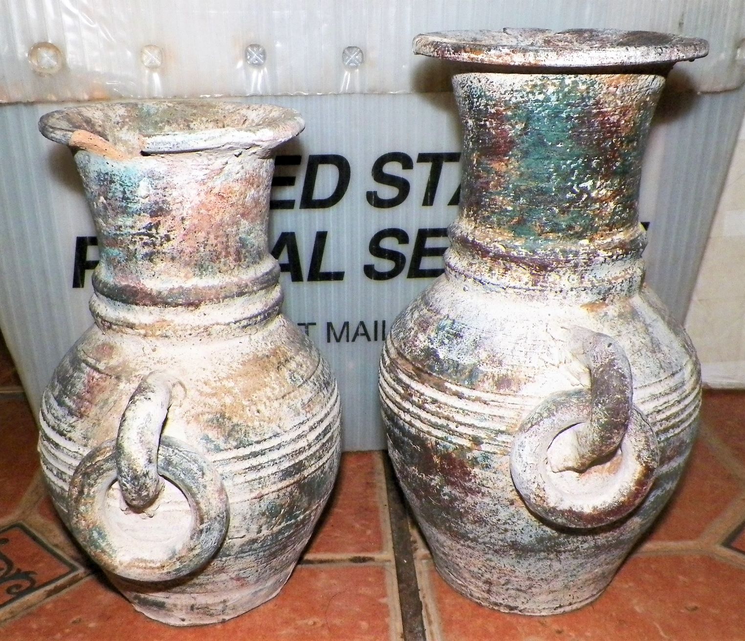POTTERY VASE TERRA COTTA OLD PAIR 2AA.JPG