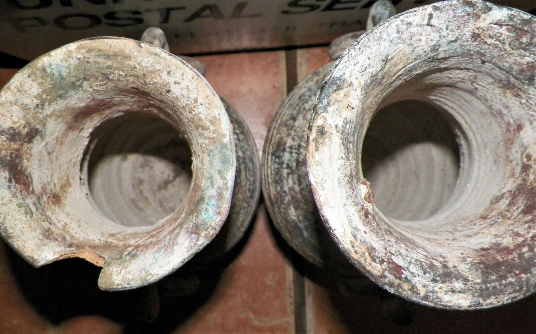 POTTERY VASE TERRA COTTA OLD PAIR 4AA.JPG