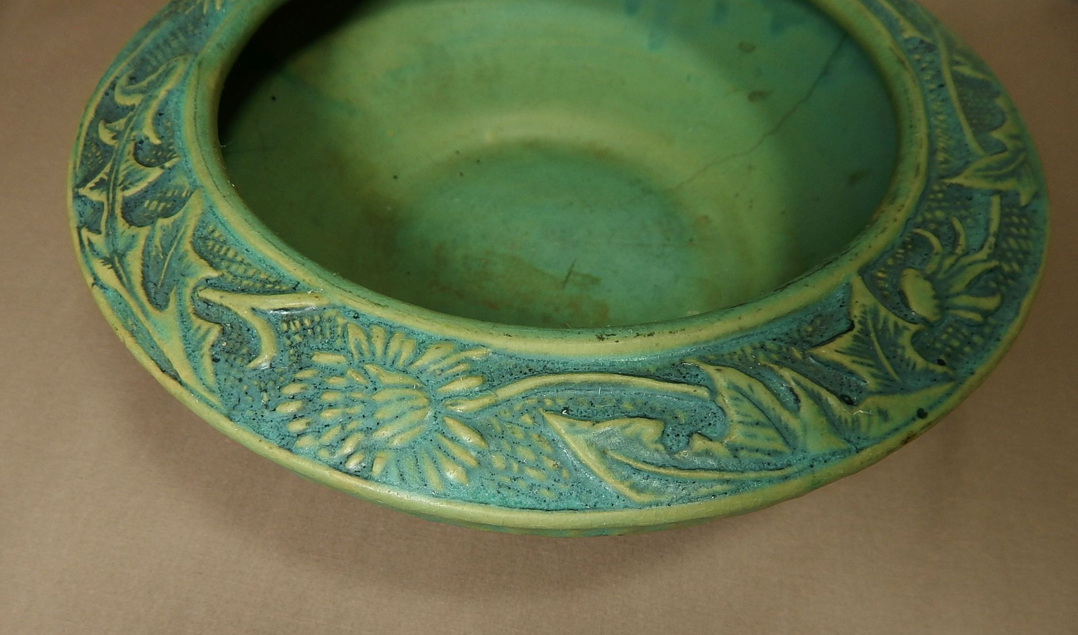 Matte Green Pottery Thistle Bowl Peters & Reed? Antiques Board