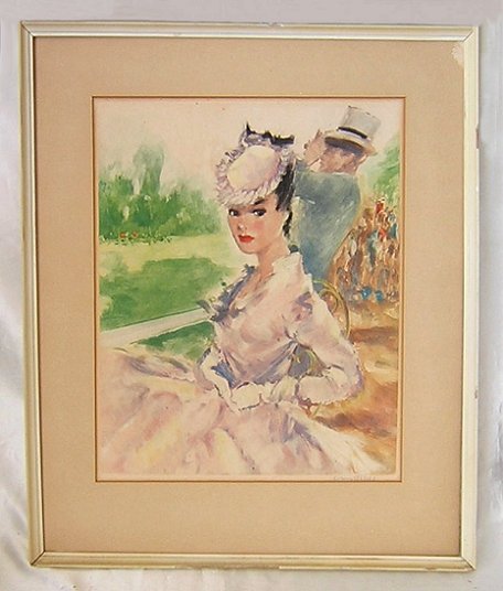 Print Cristellys Signed Lithograph French Girl Woman at Longchamps Framed Holland MCM -b.jpg