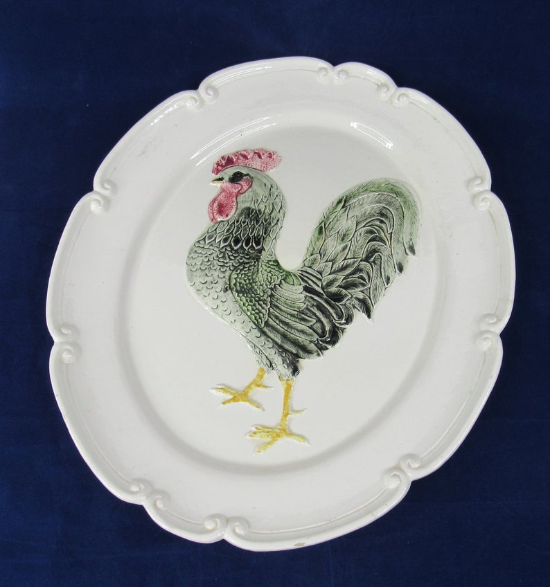 Rooster Serving Platter Oval Turkey Plate Large 17 Vintage Made in USA mystery _n386.jpg