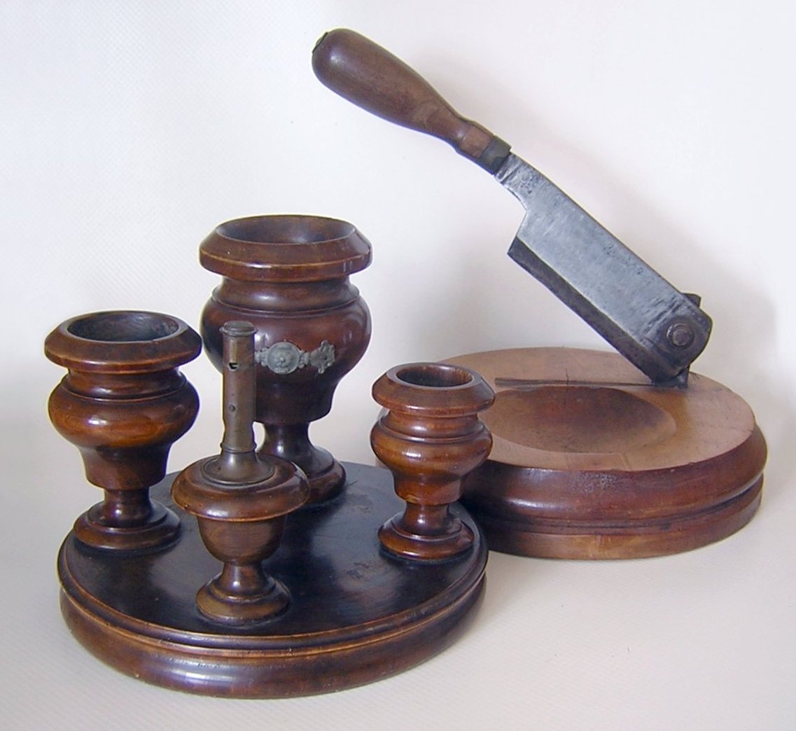 Smoking Stand & Tobacco Chopper Lathe Turned Wood Trenton German-a.jpg