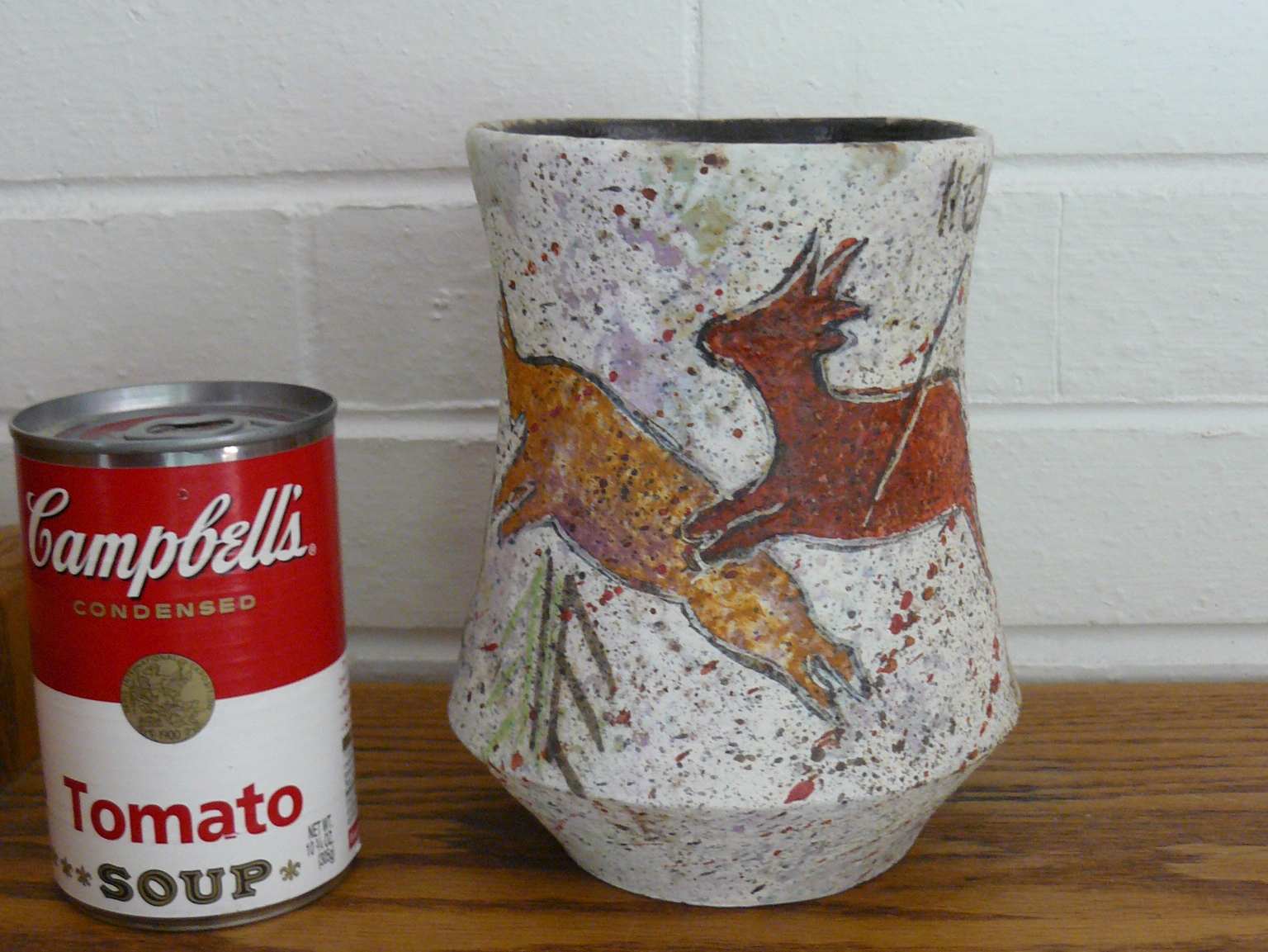 Pottery vase, "PAW" sig, native american cave paintinglike decoration