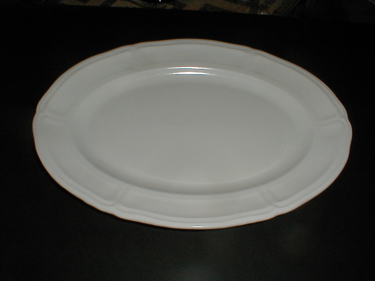 white ironstone unmarked oval platter embossed rim divided sections 15.25 by 11.25 mystery.JPG