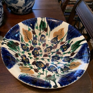 Blue and green underglaze painted ochre overglaze