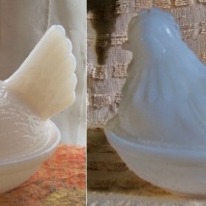 two milk glass hens on nest