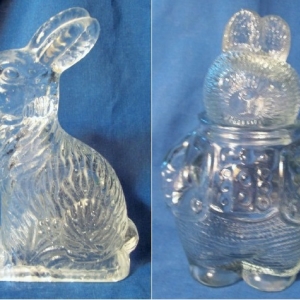 two glass bunny-themed candy containers
