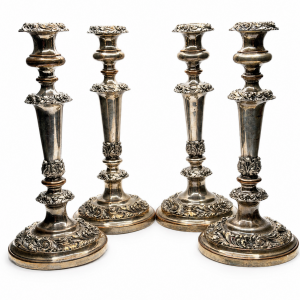 14" old silver plate over copper candle sticks