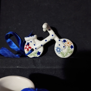 Vintage handmade hand painted Polish pottery bicycle ornament