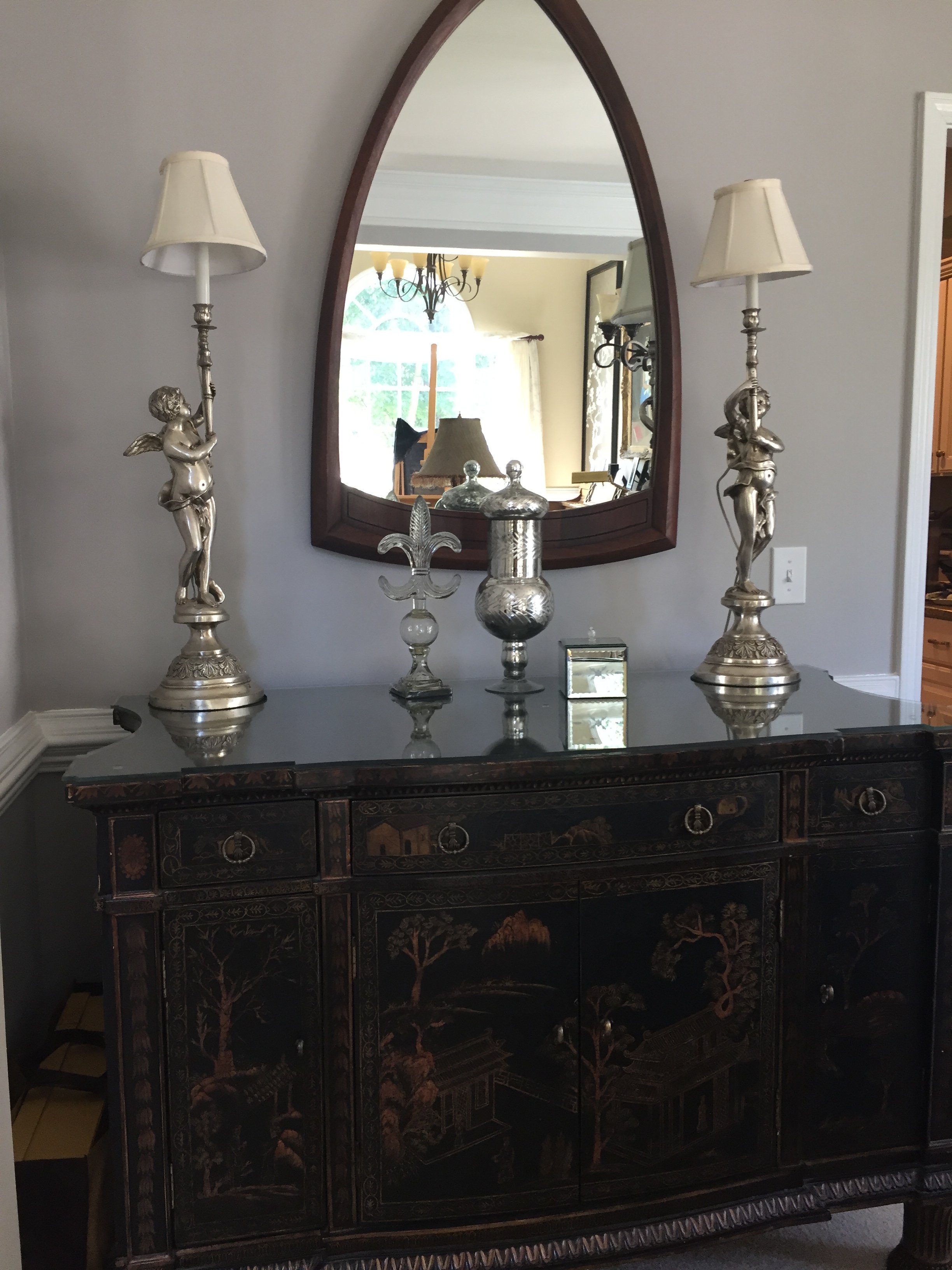 Chinese buffet cabinet and cathedral mirror