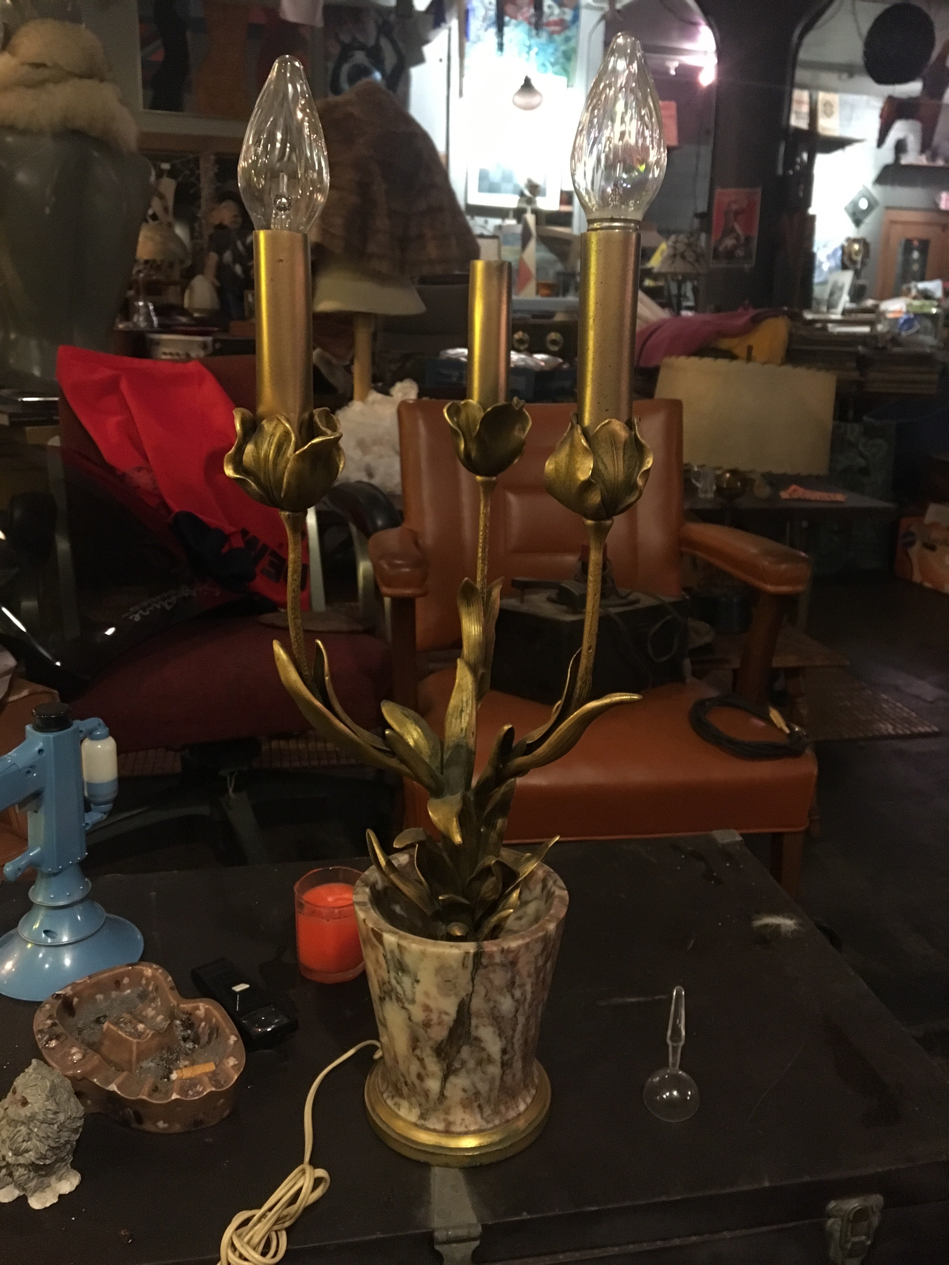 Early brass and marble lamp