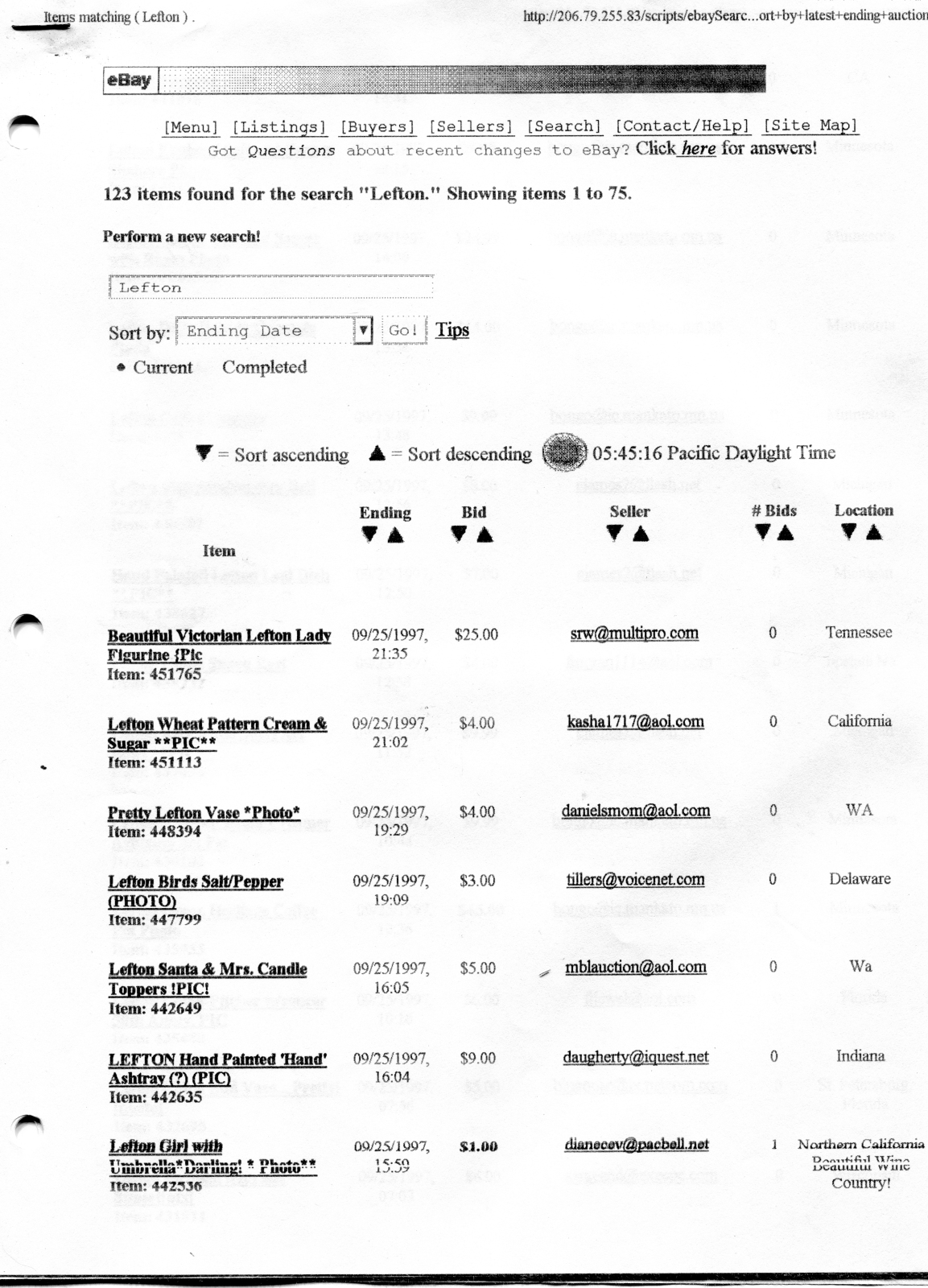 ebay Lefton search results Sept 1997