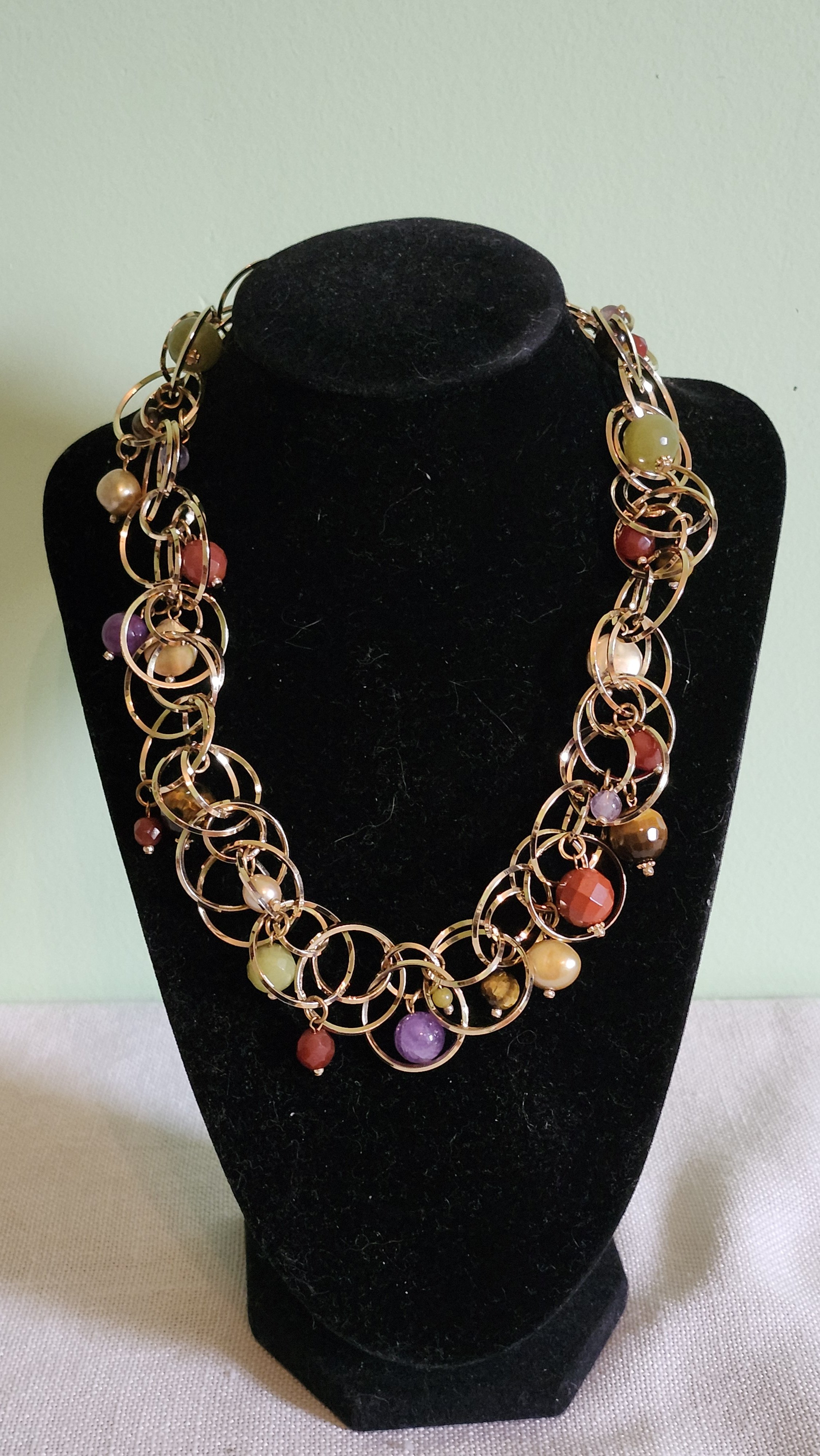 Multicolor Semi-Precious Gemstone Gold-Tone Necklace. Vtge RJ Graziano? FreeShip