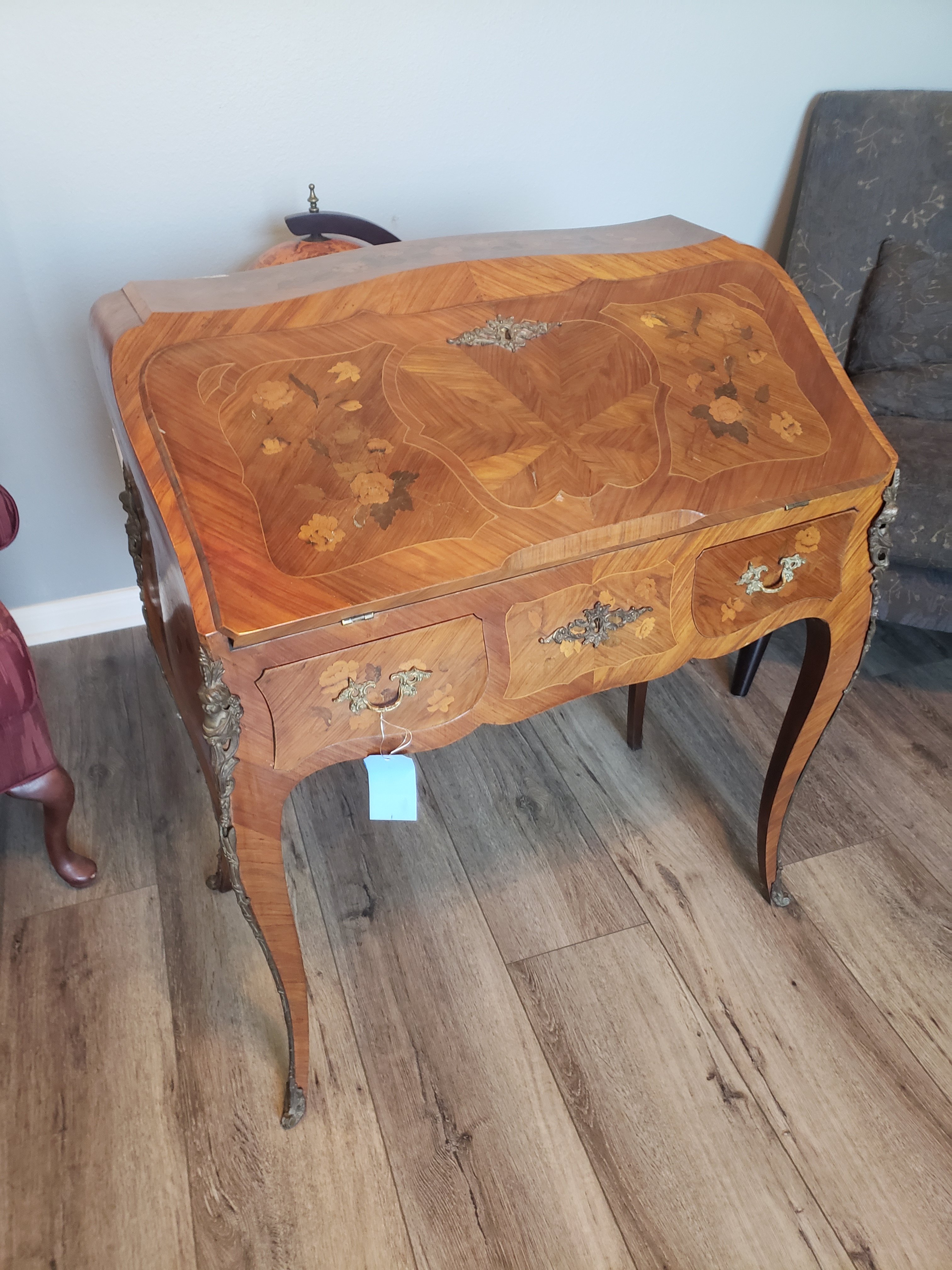 Secretarial desk brass-gilt & floral inlay