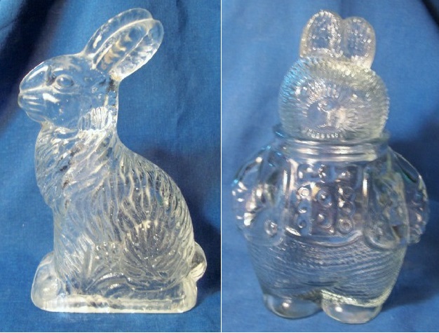 two glass bunny-themed candy containers
