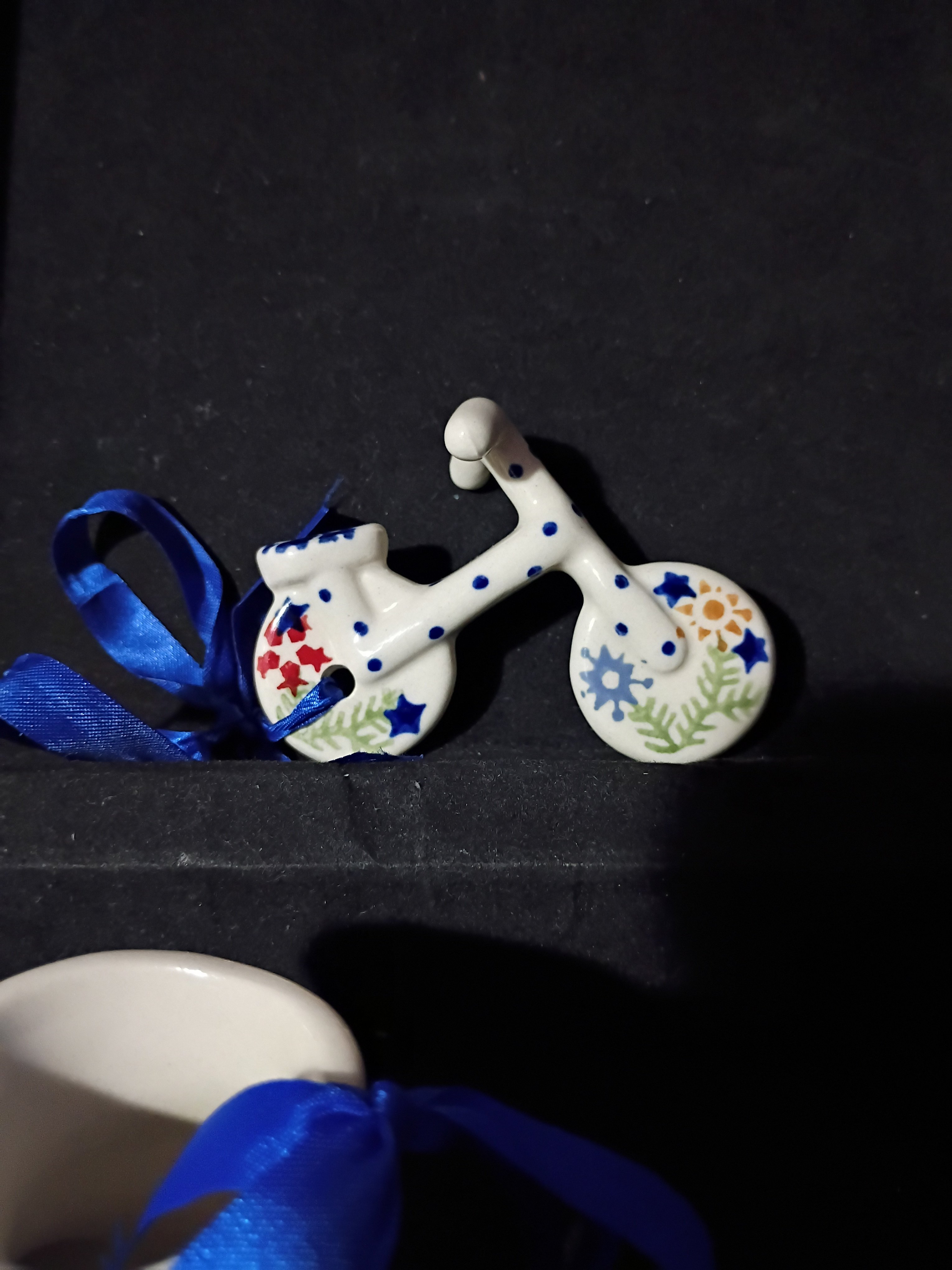 Vintage handmade hand painted Polish pottery bicycle ornament