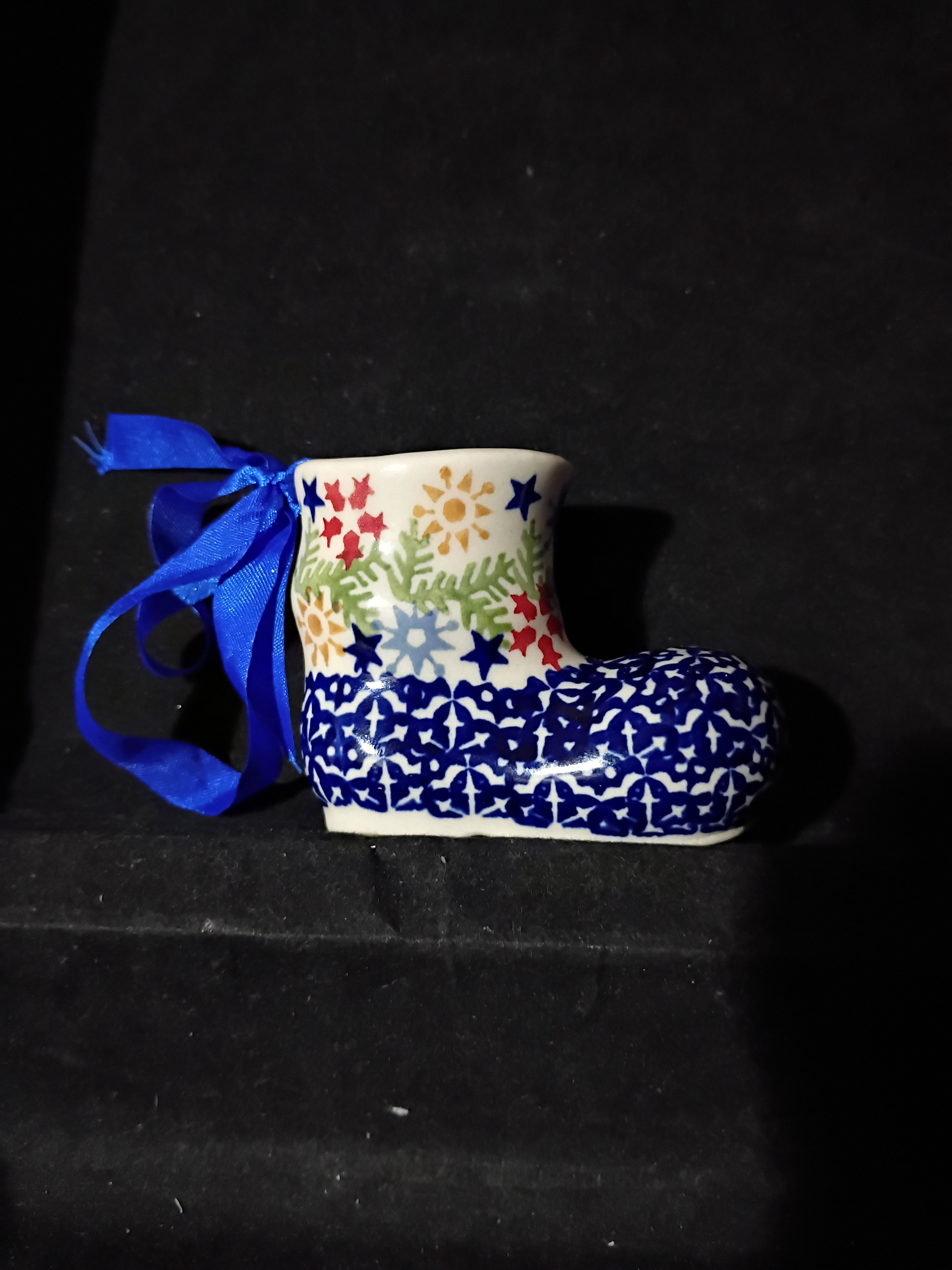 Vintage Polish pottery handmade hand-painted boot ornament